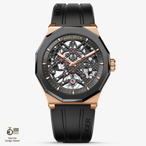 Agelocer Schwarzwald automatic skeleton watch, rose gold bezel and black rubber strap, open-worked dial, front view