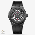 Agelocer Schwarzwald men's automatic skeleton watch, black case and ceramic bezel, rubber strap, open-worked dial, front view