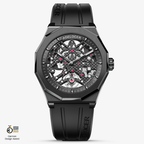 Agelocer Schwarzwald men's automatic skeleton watch, black case and ceramic bezel, rubber strap, open-worked dial, front view