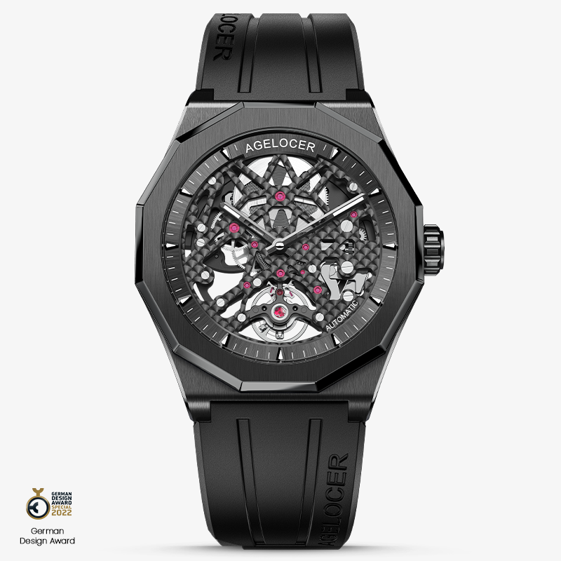 Agelocer Schwarzwald men's automatic skeleton watch, black case and ceramic bezel, rubber strap, open-worked dial, front view