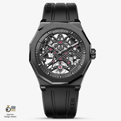 Agelocer Schwarzwald men's automatic skeleton watch, black case and ceramic bezel, rubber strap, open-worked dial, front view