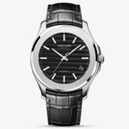 Agelocer Baikal automatic watch, black textured dial with date window, steel case, black leather strap, front view