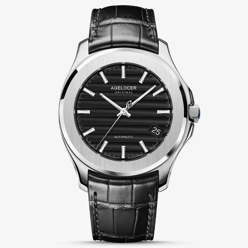 Agelocer Baikal automatic watch, black textured dial with date window, steel case, black leather strap, front view