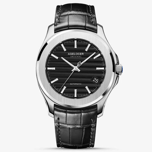 Agelocer Baikal automatic watch, black textured dial with date window, steel case, black leather strap, front view