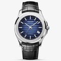 Agelocer Baikal automatic watch, blue textured dial with date window, steel case, black leather strap, front view