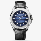 Agelocer Baikal automatic watch, blue textured dial with date window, steel case, black leather strap, front view