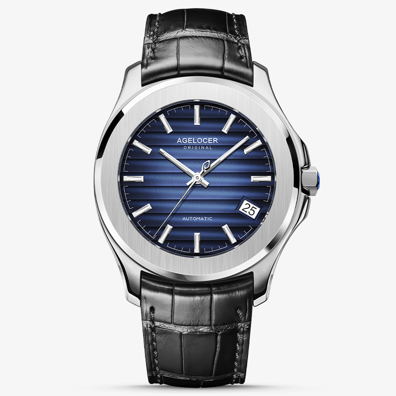 Agelocer Baikal automatic watch, blue textured dial with date window, steel case, black leather strap, front view