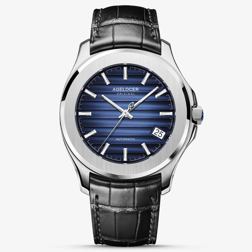 Agelocer Baikal automatic watch, blue textured dial with date window, steel case, black leather strap, front view