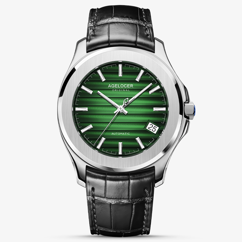 Agelocer Baikal automatic watch, green textured dial with date window, steel case, black leather strap, front view