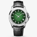 Agelocer Baikal automatic watch, green textured dial with date window, steel case, black leather strap, front view
