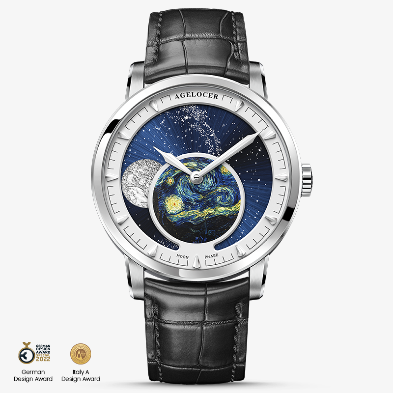Agelocer Astronomer moonphase watch with hand-painted Starry Night dial, steel case, black leather strap, front