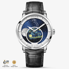 Agelocer Astronomer moonphase watch with hand-painted Starry Night dial, steel case, black leather strap, front