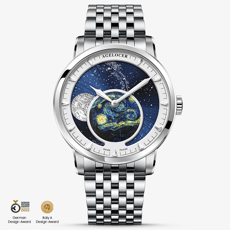 Agelocer Astronomer 6401A9 moonphase watch, hand-painted Starry Night dial, steel case and bracelet, front view