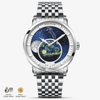 Agelocer Astronomer 6401A9 moonphase watch, hand-painted Starry Night dial, steel case and bracelet, front view