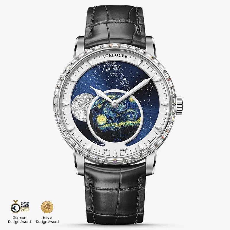 Agelocer Astronomer moonphase watch, steel case with zircon-set bezel and painted Starry Night dial, front view