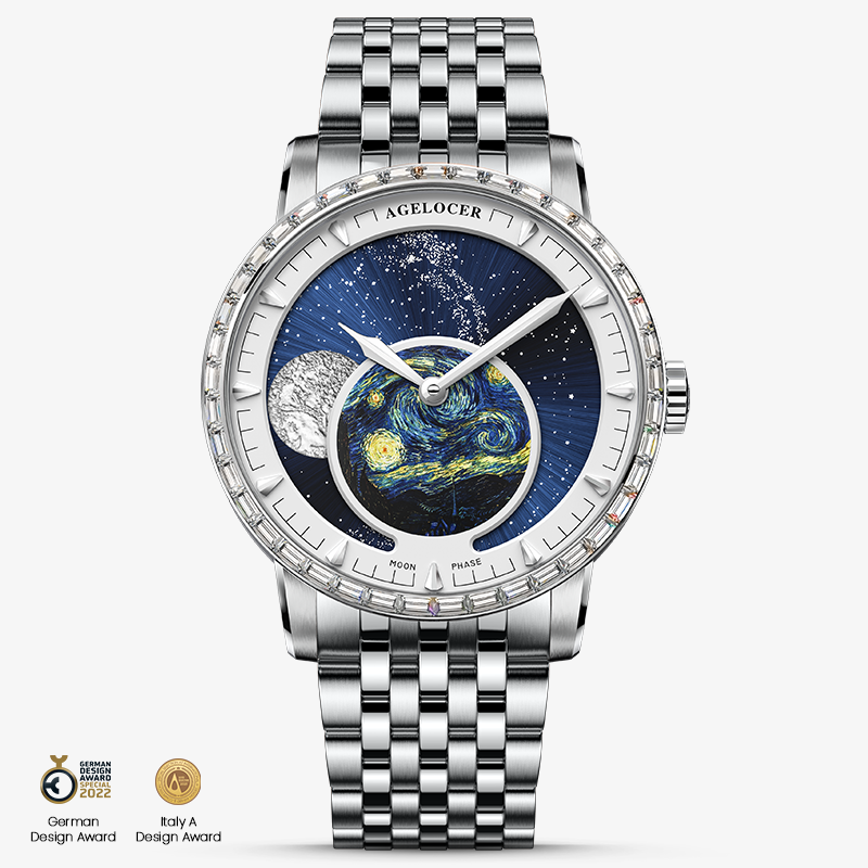 Agelocer Astronomer 6401E9 moonphase watch, Starry Night dial, steel case with zircon bezel and bracelet, front