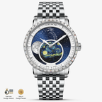 Agelocer Astronomer 6401E9 moonphase watch, Starry Night dial, steel case with zircon bezel and bracelet, front