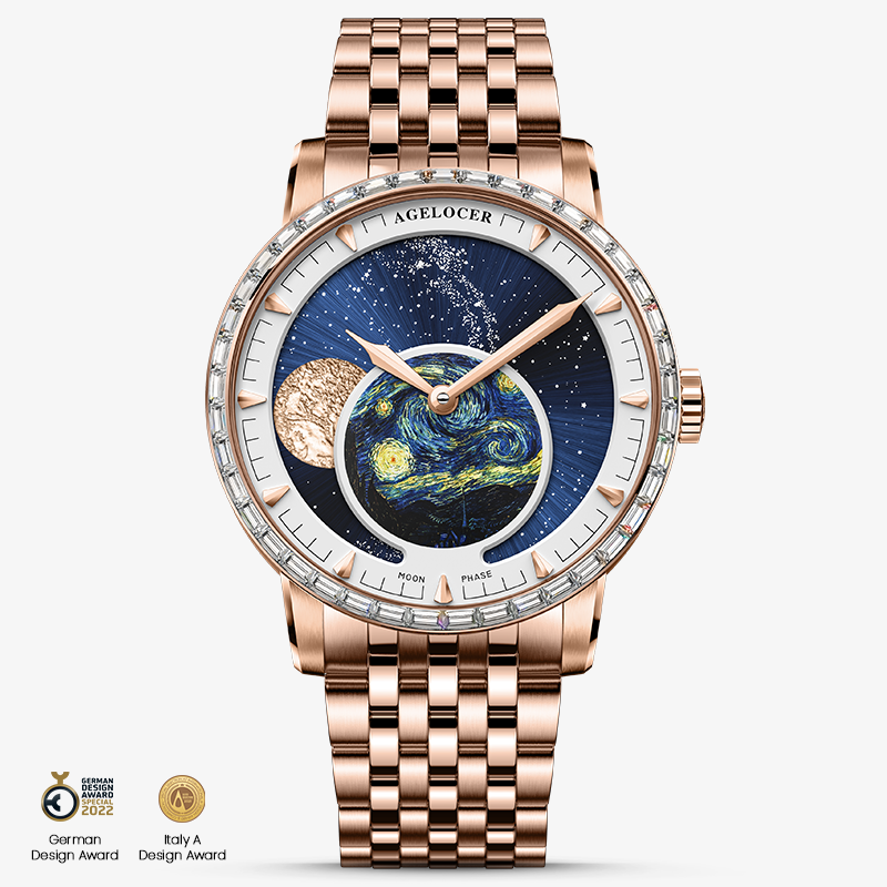 Agelocer Astronomer 6401F9 moonphase watch, Starry Night dial, rose gold case with zircon bezel and steel bracelet