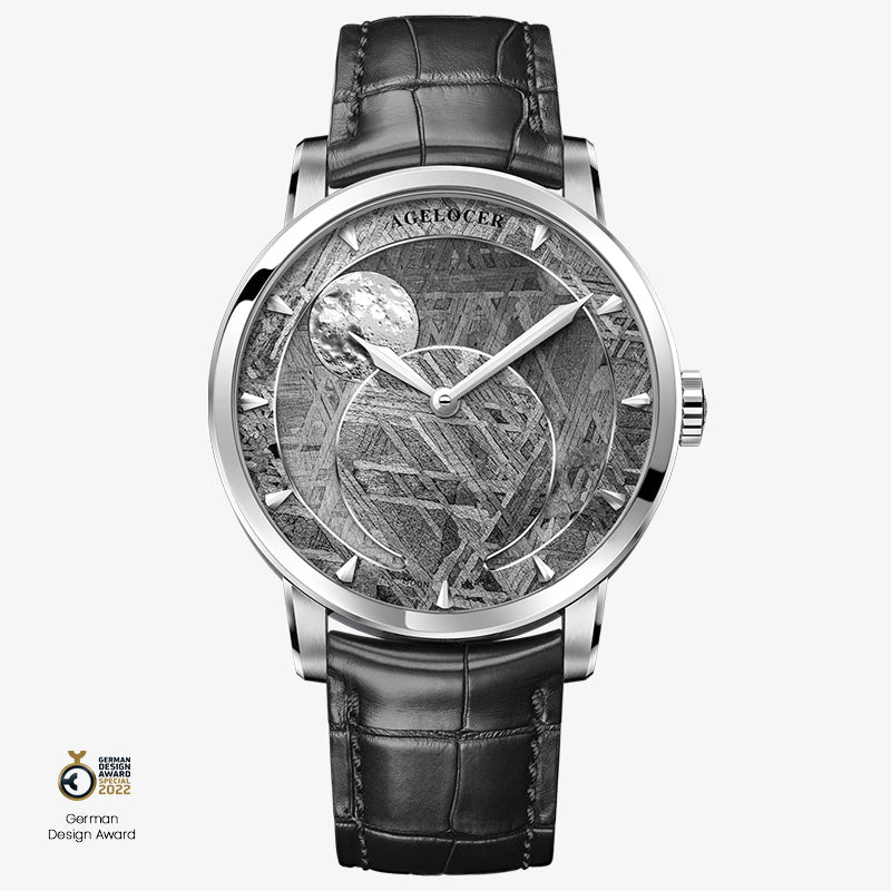 Agelocer Astronomer meteorite moonphase watch, natural meteorite dial, steel case, black leather strap, front view