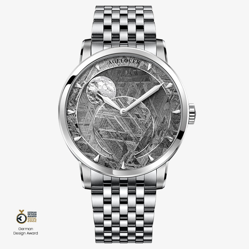 Agelocer Astronomer meteorite moonphase watch, meteorite dial, steel case and bracelet, front view