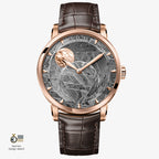 Agelocer Astronomer meteorite moonphase watch, meteorite dial, rose gold case, brown leather strap, front view