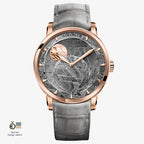 Agelocer Astronomer meteorite moonphase watch, meteorite dial, rose gold case, gray leather strap, front view