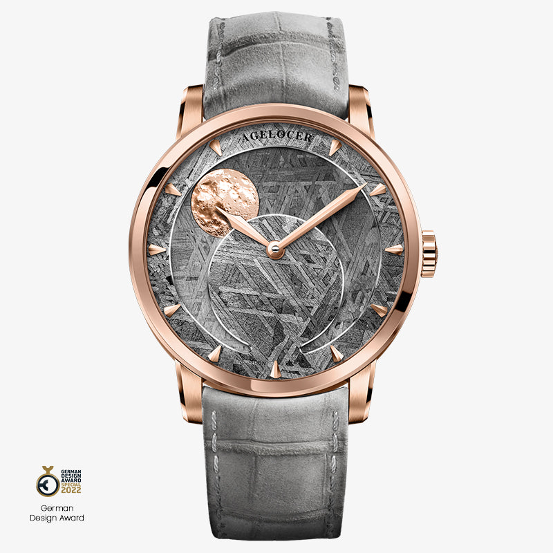 Agelocer Astronomer meteorite moonphase watch, meteorite dial, rose gold case, gray leather strap, front view