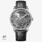 Agelocer Astronomer meteorite moonphase watch, steel case with zircon-set bezel, black leather strap, front view