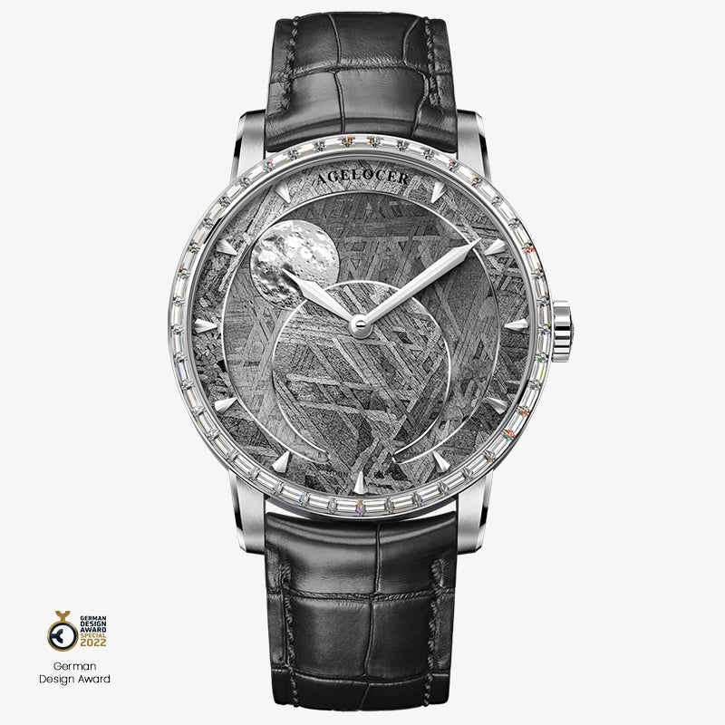 Agelocer Astronomer meteorite moonphase watch, steel case with zircon-set bezel, black leather strap, front view