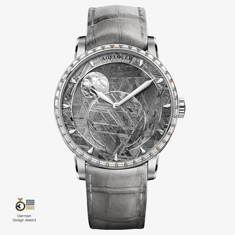 Agelocer Astronomer meteorite moonphase watch, steel case with zircon-set bezel, gray leather strap, front view