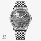 Agelocer Astronomer meteorite moonphase watch, steel case with zircon-set bezel and bracelet, front view