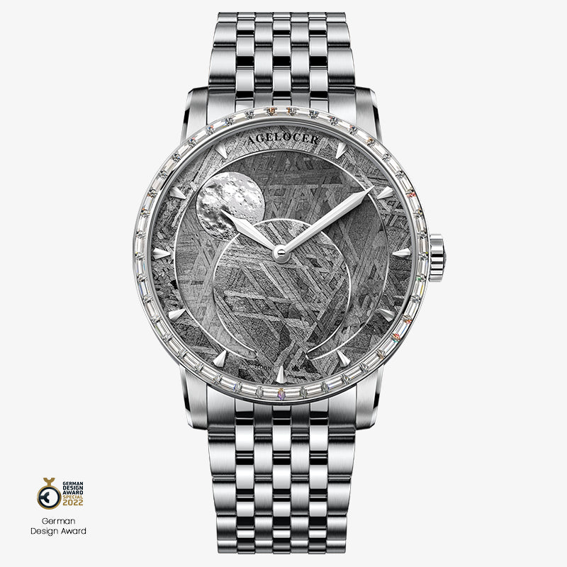 Agelocer Astronomer meteorite moonphase watch, steel case with zircon-set bezel and bracelet, front view