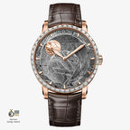 Agelocer Astronomer meteorite moonphase watch, rose gold case with zircon bezel, brown leather strap, front view