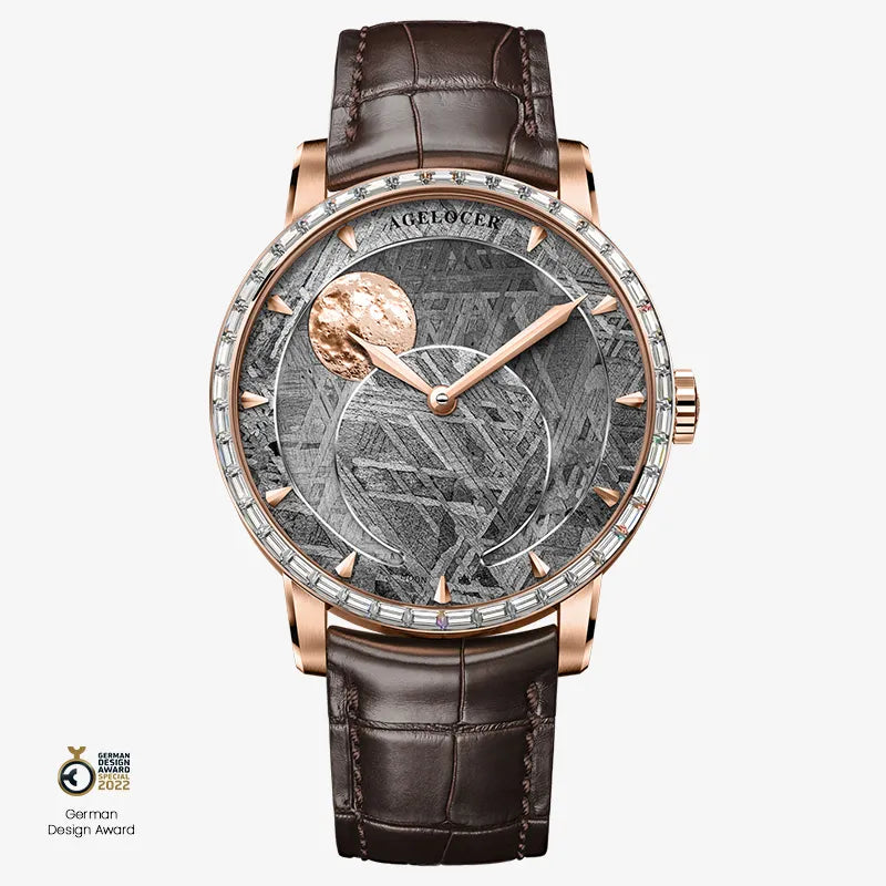 Agelocer Astronomer meteorite moonphase watch, rose gold case with zircon bezel, brown leather strap, front view