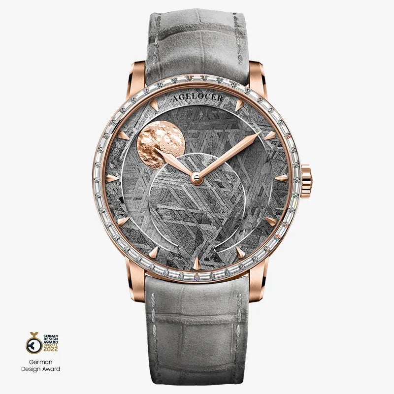 Agelocer Astronomer meteorite moonphase watch, rose gold case with zircon bezel, gray leather strap, front view