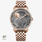 Agelocer Astronomer meteorite moonphase watch, rose gold case with zircon bezel and bracelet, front view
