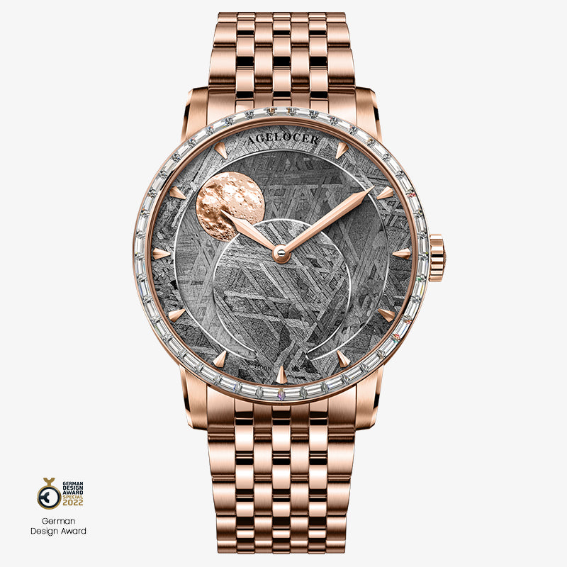 Agelocer Astronomer meteorite moonphase watch, rose gold case with zircon bezel and bracelet, front view