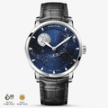Agelocer Astronomer galaxy moonphase watch, steel case, blue aventurine starry dial, black leather strap, front view