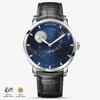 Agelocer Astronomer galaxy moonphase watch, steel case, blue aventurine starry dial, black leather strap, front view