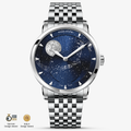Agelocer Astronomer galaxy moon phase watch, steel bracelet, blue starry dial, moon phase, front view