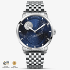 Agelocer Astronomer galaxy moon phase watch, steel bracelet, blue starry dial, moon phase, front view