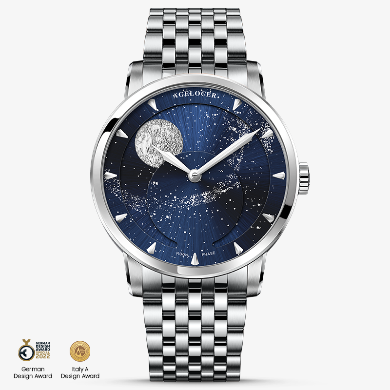 Agelocer Astronomer galaxy moonphase watch, blue starry dial, steel case and bracelet, front view