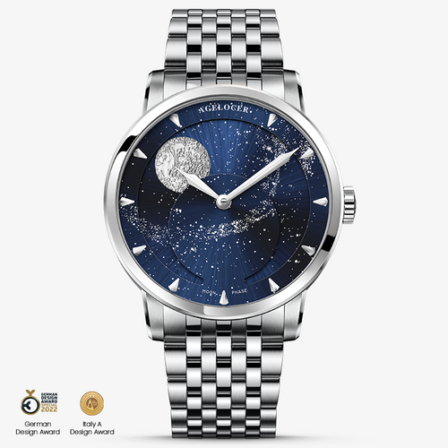Agelocer Astronomer galaxy moonphase watch, blue starry dial, steel case and bracelet, front view