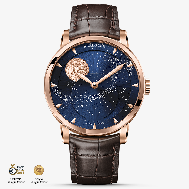 Agelocer Astronomer galaxy moonphase watch, rose gold case, blue starry dial and brown leather strap, front view