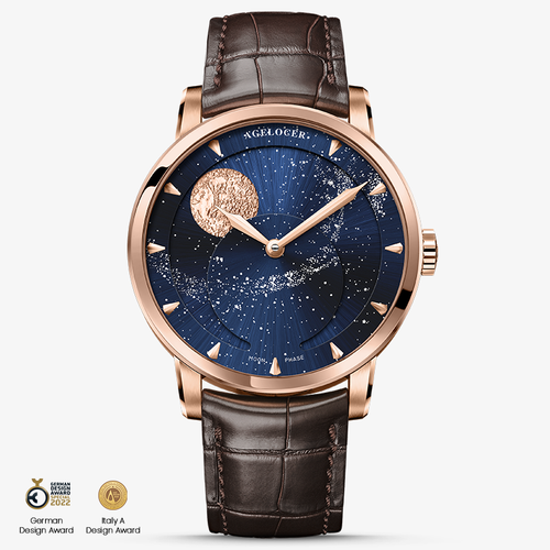 Agelocer Astronomer galaxy moonphase watch, rose gold case, blue starry dial and brown leather strap, front view