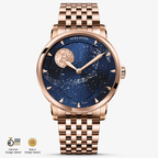 Agelocer Astronomer galaxy moonphase watch, blue starry dial, rose gold case and bracelet, front view