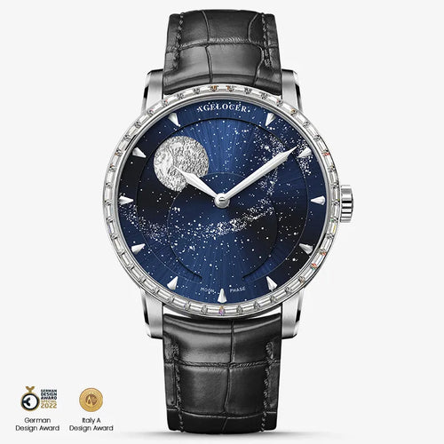 Agelocer Astronomer galaxy moonphase watch with diamond-set bezel, blue starry dial, steel case, black leather