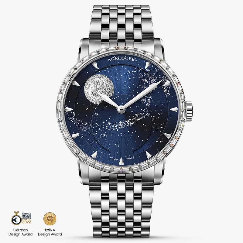 Agelocer Astronomer galaxy moonphase watch, steel case with zircon-set bezel and bracelet, blue starry dial, front