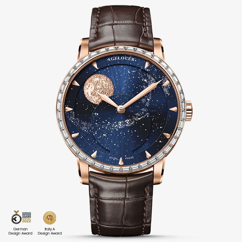 Agelocer Astronomer galaxy moonphase watch, rose gold case with zircon-set bezel, blue starry dial, brown strap, front view