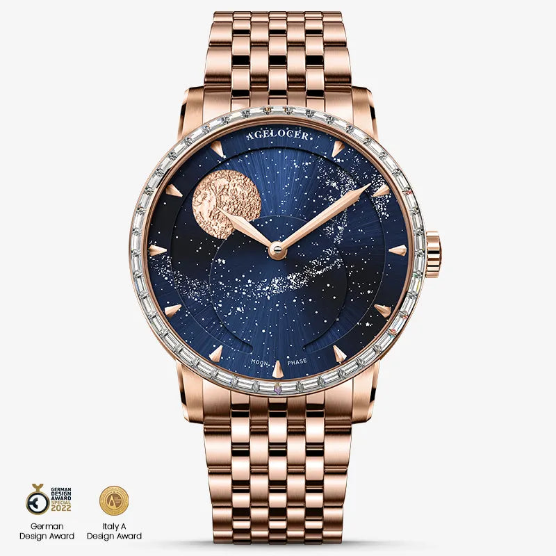 Agelocer Astronomer galaxy moonphase watch, rose gold case with zircon bezel and bracelet, blue starry dial, front